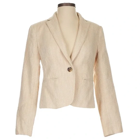 ๐ Ann Taylor Bone Natural Cream Textured Weave Work Blazer Size 8p Petite NWOT - Picture 1 of 11